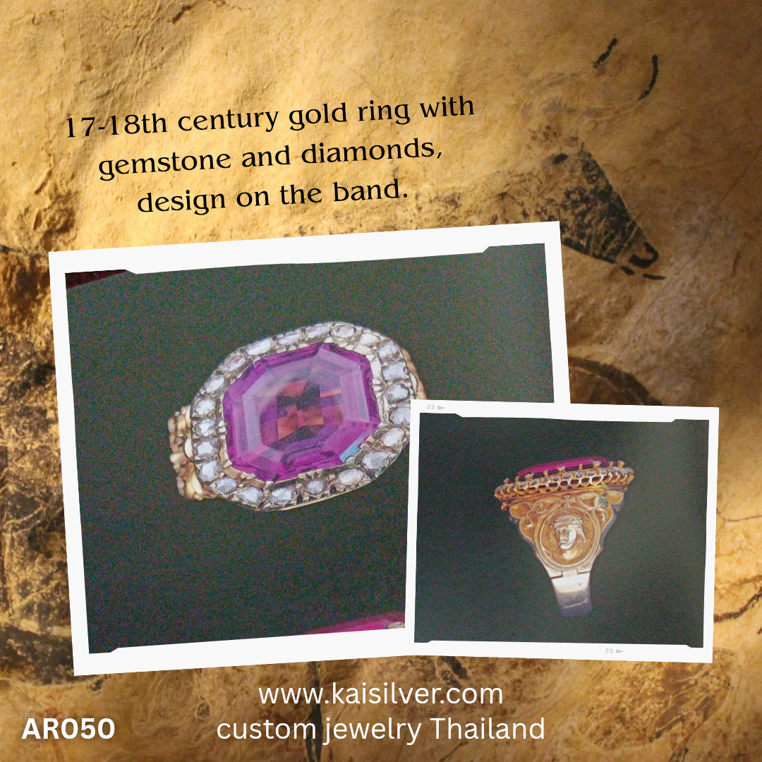antique gold ring wiith diamonds and pink gemstone