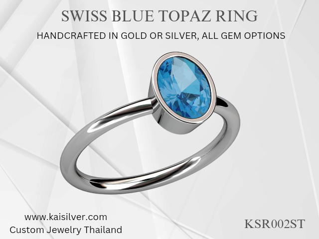 gold or silver ring with blue topaz