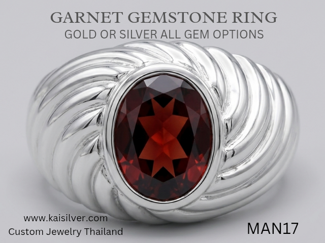 men's gem ring in gold or silver, garnet or other gem