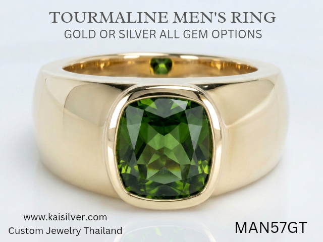 green tourmaline silver or gold ring for men